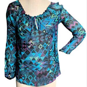 Chico's Silk Stretch Peasant Blouse Keyhole Tie Sz 1 (M/8) Blue Multicolor #61A